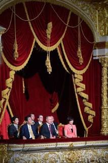 MOSCOW, RUSSIA â€“ MAY 26, 2018: Russia s President Vladimir Putin (C), Japan s Prime Minister Shinzo Abe (L) and his wife Akie (R) watch a concert marking the start of the Russia-Japan Year of Culture at the Bolshoi Theatre. Alexei Druzhinin Russian Presidential Press and Information Office TASS  TS0817E4