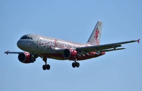 MOSCOW, RUSSIA - MAY 28, 2018: An Airbus A319 Rostov-na-Donu jet airliner owned by Rossiya Airlines and painted in a special 2018 FIFA World Cup livery, makes a landing at Vnukovo International Airport in Moscow. Tatyana Belyakova TASS  TS0819EB