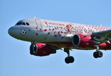 MOSCOW, RUSSIA - MAY 28, 2018: An Airbus A319 Rostov-na-Donu jet airliner owned by Rossiya Airlines and painted in a special 2018 FIFA World Cup livery, makes a landing at Vnukovo International Airport in Moscow. Tatyana Belyakova TASS  TS0819ED