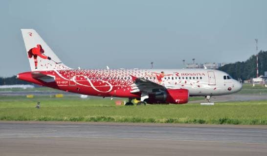 MOSCOW, RUSSIA - MAY 28, 2018: An Airbus A319 Rostov-na-Donu jet airliner owned by Rossiya Airlines and painted in a special 2018 FIFA World Cup livery, has landed at Vnukovo International Airport in Moscow. Tatyana Belyakova TASS  TS0819F9