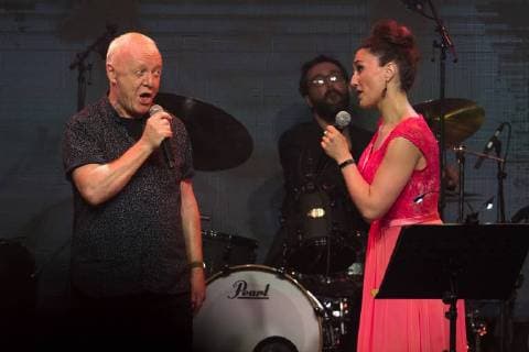 Claude Semal and Anne-Catherine Gillet perform on stage at the concert with winners of the 15th edition of the Les Octaves de la Musique music awards ceremony, Monday 28 May 2018 in Brussels.  LAURIExDIEFFEMBACQ 05355245