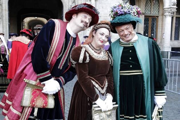 - BRUSSELS, BELGIUM: Stand-up comedian Bert Kruismans, Singer Jo Lemaire and Eric-Emmanuel Schmitt pictured during the Ommegang Oppidi Bruxellensis historical parade in the city center of Brussels, Tuesday 30 June 2015. More than 1400 performers will relive a history from 1549, the procession of Charles Quint. AUDExVANLATHEM  x82523396x