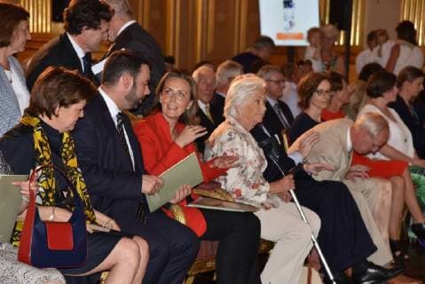 (C) Princess Claire of Belgium and Queen Paola of Belgium pictured during a ceremony for the Queen Paola Award 2017-2018 (Koningin Paolaprijs - Prix Reine Paola) for education, at the royal castle in Laken Laeken, Brussels, Wednesday 30 May 2018.  CAMILLExDELANNOIS 05356498