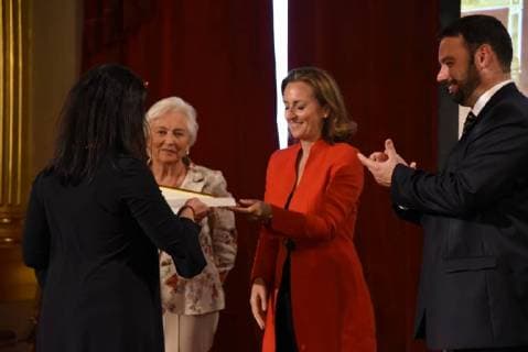 Queen Paola of Belgium (C), Princess Claire of Belgium (2R) and German Community Minister of Education, Formation and Scientific Research Harald Mollers (R) pictured during a ceremony for the Queen Paola Award 2017-2018 (Koningin Paolaprijs - Prix Reine Paola) for education, at the royal castle in Laken Laeken, Brussels, Wednesday 30 May 2018.  CAMILLExDELANNOIS 05356500