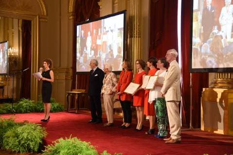 (C) Queen Paola of Belgium and Princess Claire of Belgium pictured during a ceremony for the Queen Paola Award 2017-2018 (Koningin Paolaprijs - Prix Reine Paola) for education, at the royal castle in Laken Laeken, Brussels, Wednesday 30 May 2018.  CAMILLExDELANNOIS 05356501