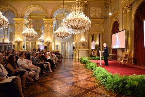 Illustration picture shows a ceremony for the Queen Paola Award 2017-2018 (Koningin Paolaprijs - Prix Reine Paola) for education, at the royal castle in Laken Laeken, Brussels, Wednesday 30 May 2018.  CAMILLExDELANNOIS 05356502