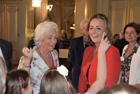 Queen Paola of Belgium and Princess Claire of Belgium pictured during a ceremony for the Queen Paola Award 2017-2018 (Koningin Paolaprijs - Prix Reine Paola) for education, at the royal castle in Laken Laeken, Brussels, Wednesday 30 May 2018.  CAMILLExDELANNOIS 05356506