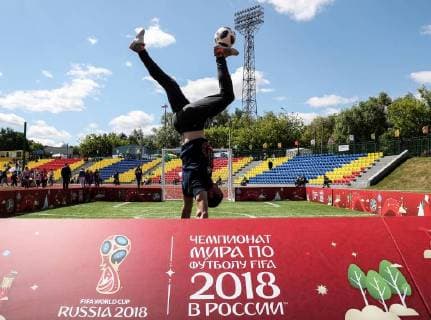MOSCOW, RUSSIA - JUNE 1, 2018: A man with a Telstar 18 ball during the City of Champions event marking the 2018 FIFA World Cup at the Moscow Palace of Pioneers on International Children s Day. Mikhail Tereshchenko TASS  TS082269