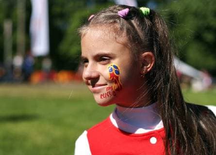 MOSCOW, RUSSIA - JUNE 1, 2018: A girl attends the City of Champions event marking the 2018 FIFA World Cup at the Moscow Palace of Pioneers on International Children s Day. Mikhail Tereshchenko TASS  TS082275