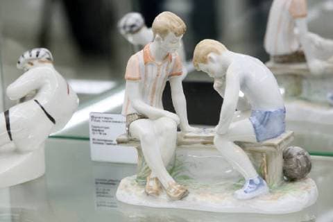 MOSCOW, RUSSIA - JUNE 1, 2018: Showpieces on display at an exhibition on the 1897-2018 history of Russian football at the VDNKh exhibition centre. The exhibition covers the history of Russian and Soviet football from the first football team in the Russian Empire (1897) up to the present times. Alexander Shcherbak TASS  TS0822C7