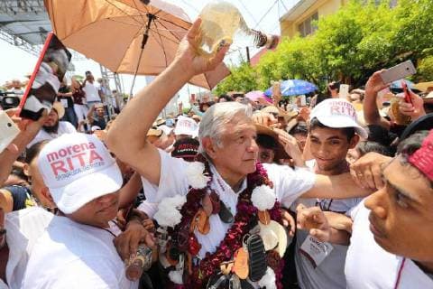 June 2 2018 EUM20180602POL12 JPG PUNGARABATO Gro ElectionsElecciones AMLO Andres Manuel Lopez Obrador candidate for the Presidency of Mexico for the coalition Together We Will Do History, he attends a campaign rally in Ciudad Altamirano where his supporters give him mezcal and some huaraches on June 2, 2018 Photo Agency EL UNIVERSALValente RosasEELG  - ZUMAu78_ 20180602_zaf_u78_573 Copyright: xElxUniversalx