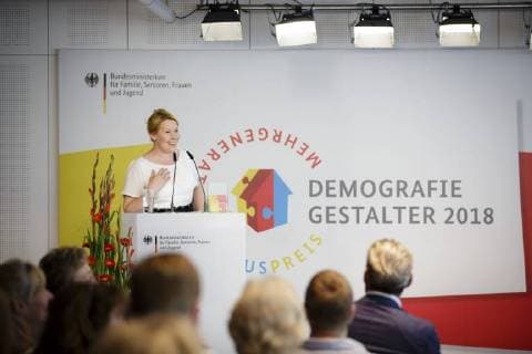 Federal Minister of Family Affairs Franziska Giffey SPD gives a speech during the award ceremony DemografieGestalter 2018 öÄÃ¬ The Mehrgenerationenhauspreis 04 06 2018 Berlin Berlin Germany Copyright: xIngaxKjerx