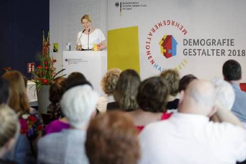 Federal Minister of Family Affairs Franziska Giffey SPD gives a speech during the award ceremony DemografieGestalter 2018 öÄÃ¬ The Mehrgenerationenhauspreis 04 06 2018 Berlin Berlin Germany Copyright: xIngaxKjerx