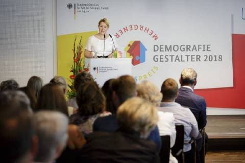 Federal Minister of Family Affairs Franziska Giffey SPD gives a speech during the award ceremony DemografieGestalter 2018 öÄÃ¬ The Mehrgenerationenhauspreis 04 06 2018 Berlin Berlin Germany Copyright: xIngaxKjerx