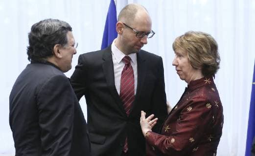 - BRUSSELS, BELGIUM: Commission Chairman Jose Manuel Barroso, Ukrainian Prime Minister Arseniy Yatsenyuk and European Union High Representative for Foreign and Security Policy Catherine Ashton pictured during the signature of an agreement with Ukraine on the second day of the EU summit of heads of state and government, at the EU headquarters in Brussels, Friday 21 March 2014. POOLxOLIVERxHOSLET  x56306076x