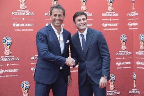 Foto IPP Andrea Oldani Cologno Monzese 7 06 2018 Presentazione della programmazione mediaset per i mondiali di calcio russia 2018 Nella foto, riccardo Ferri, Javier Zanetti italyphotopress world copyright  0