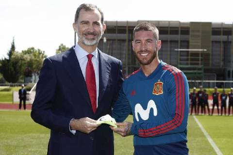 June 7 2018 Madrid Spain King Felipe VI of Spain meets with Spain Football at the City of Soccer in Las Rozas as they prepare for the World Cup in Russia King Felipe VI visits the National Team in Las Rozas before leaving for the World Cup in Russia Sergio Ramos