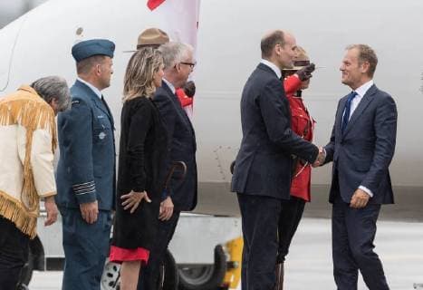 June 7, 2018 - Saguenay, QC, Canada - European Union representative DONALD TUSK right shaking hands to canadian Minister JEAN-YVES DUCLOS. at is arrival to the YBG Bagotville Saguenay Canada - ZUMAl128 20180607_sha_l128_342 Copyright: xPatricexLapointex