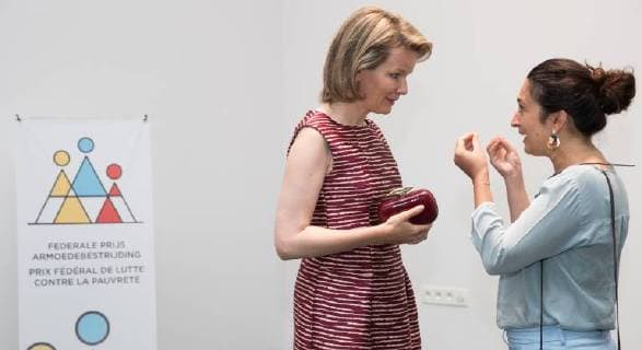 Queen Mathilde of Belgium and State Secretary for Poverty, equal opportunities, Science and big cities, Zuhal Demir pose for photographers at the end of the tenth edition of the Federal Award ceremony for Poverty reduction , in Brussels, Friday 08 June 2018.  BENOITxDOPPAGNE 05360872