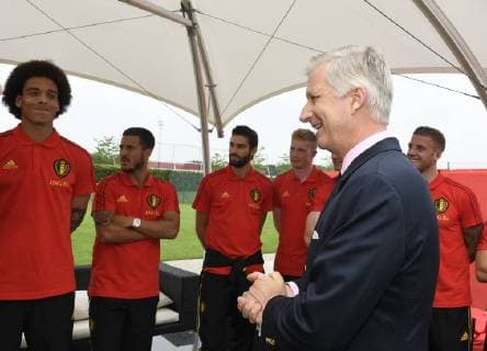 King Philippe - Filip of Belgium pictured during a visit of the King to a training session of the Belgian national soccer team Red Devils, Saturday 09 June 2018, in Tubize. The Red Devils started their preparations for the upcoming FIFA World Cup 2018 in Russia.  POOLxPHILIPPExCROCHET 05361506