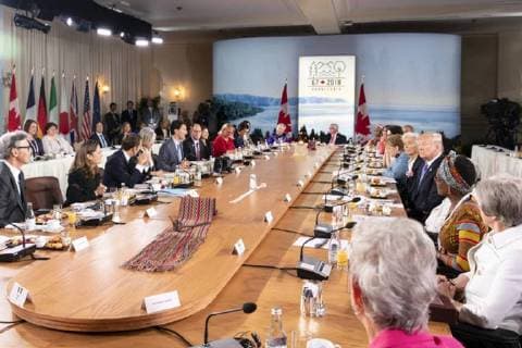 June 9, 2018 - La Malbaie, QC, Canada - LA MALBAIE , QC - JUNE 08 & 09: President Donald J. Trump and fellow leaders of the G7 participate in the Gender Equality Advisory Council Breakfast on Saturday, June 9, 2018, at the Fairmont Le Manoir Richelieu in Charlevoix, Quebec, Canada....People: President Donald Trump. La Malbaie Canada - ZUMAs214 20180609_zaa_s214_002 Copyright: xSMGx