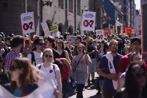 June 9, 2018 - Quebec City, Ontario, Canada - Protesters chanting slogans during a rally to protest the G7 summit in Quebec City, Canada on 9 June 2018. During the last day of the G7 summit that is happening in La Malbaie, Quebec, protesters came on to the streets to protest the summit in Quebec City. Quebec City Canada  - ZUMAn230 20180609_zaa_n230_1069 Copyright: xArindamxShivaanix