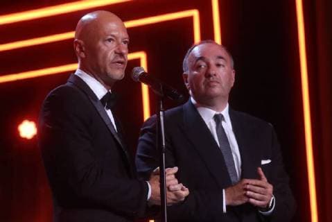 SOCHI, RUSSIA - JUNE 10, 2018: Director Fyodor Bondarchuk (L) and Kinotavr Festival President, film producer Alexander Rodnyansky at the closing ceremony of the 29th Kinotavr Film Festival. Vyacheslav Prokofyev TASS  TS0836E5