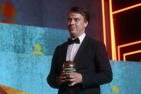 SOCHI, RUSSIA - JUNE 10, 2018: Director Igor Poplaukhin, the winner of the Kinotavr Shorts award for the film Calendar, at the closing ceremony of the 29th Kinotavr Film Festival. Vyacheslav Prokofyev TASS  TS0836F1