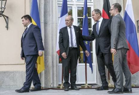 BERLIN, GERMANY - JUNE 11, 2018: Ukraine s Minister of Foreign Affairs Pavlo (Pavel) Klimkin, France s Minister for Europe and Foreign Affairs Jean-Yves Le Drian, Russia s Minister of Foreign Affairs Sergei Lavrov, and Germany s Minister of Foreign Affairs Heiko Maas (L-R) at a meeting in the Normandy format to discuss the situation in Ukraine. Alexander Shcherbak TASS  TS0838D0