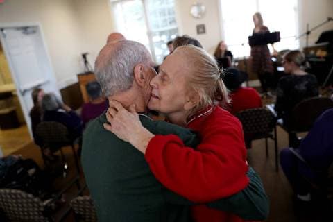 March 31, 2018 - Morton Grove, IL, USA - Silverado Memory Care resident Verna Sadock, right, dances with her husband Bob Hirsch as musicians perform a concert during a 12-week music therapy program for residents with dementia and Alzheimer s on Saturday, March 31, 2018. Morton Grove USA - ZUMAm67_ 20180331_zaf_m67_121 Copyright: xChrisxSwedax