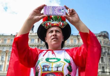 MOSCOW, RUSSIA - JUNE 13, 2018: A fan on the eve of the 2018 FIFA World Cup in Manezhnaya Square. Vyacheslav Prokofyev TASS  TS083DA0