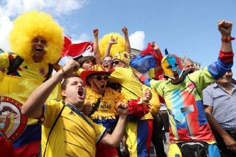 MOSCOW, RUSSIA - JUNE 13, 2018: Colombian fans on the eve of the 2018 FIFA World Cup in Manezhnaya Square. Vyacheslav Prokofyev TASS  TS083DA1