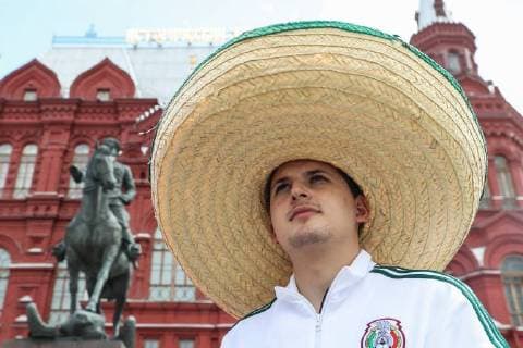 MOSCOW, RUSSIA - JUNE 13, 2018: A Mexican fan on the eve of the 2018 FIFA World Cup in Manezhnaya Square. Vyacheslav Prokofyev TASS  TS083DA2