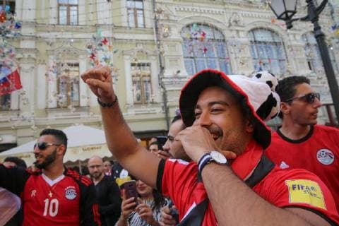 MOSCOW, RUSSIA - JUNE 13, 2018: Fans on the eve of the 2018 FIFA World Cup in Nikolskaya Street. Vladimir Gerdo TASS  TS083E85