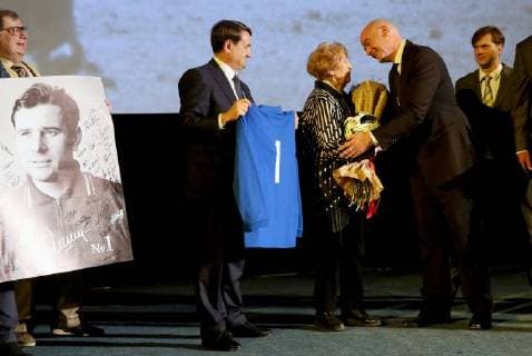 MOSCOW, RUSSIA â€“ JUNE 13, 2018: FIFA President Gianni Infantino (2nd R), Yashin s widow Valentina (C), and Russian President Vladimir Putin s aide Igor Levitin (L) at the premiere of Svetlana Kharchevina s film Lev Yashin No 1 , a documentary about Soviet football goalkeeper Lev Yashin. Alexander Shcherbak TASS  TS083ECC