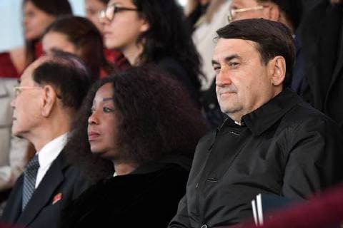MOSCOW, RUSSIA â€“ JUNE 13, 2018: FIFA Secretary General Fatma Samoura (C) and Russian President Vladimir Putin s Aide Igor Levitin (R) watch a concert by opera stars ahead of the 2018 FIFA World Cup, at Moscow s Red Square. Alexei Nikolsky Russian Presidential Press and Information Office TASS  TS083F5F