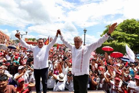June 13, 2018 - EUM20180613POL07.JPG.TICUL, Yuc., Elections Elecciones-AMLO.- El candidato a la Presidencia de la Republica por la coalicion Juntos Haremos Historia, Andres Manuel Lopez Obrador, acompanado por Joaquin Diaz Mena, candidato a gobernador de Yucatan, encabeza mitin ante simpatizantes en la explanada de la Plaza de la Cultura de esta ciudad, como parte de sus actividades de campana. Foto: Agencia EL UNIVERSAL MAR.  - ZUMAu78_ 20180613_zaf_u78_529 Copyright: xValentexRosasx