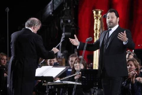 MOSCOW, RUSSIA â€“ JUNE 13, 2018: Mariinsky Theatre artistic director, conductor Valery Gergiev (L) and Russian bass Ildar Abdrazakov perform during concert by opera stars ahead of the 2018 FIFA World Cup, at Moscow s Red Square. Mikhail Metzel TASS  TS083FD9