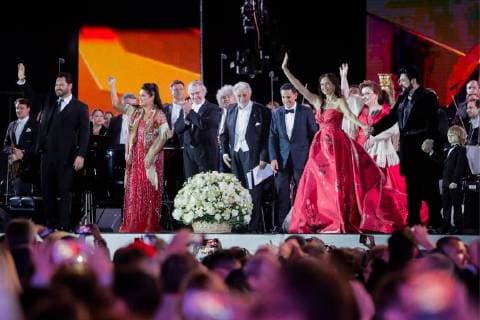 MOSCOW, RUSSIA – JUNE 13, 2018: Russian bass Ildar Abdrazakov, Russian soprano Anna Netrebko, Mariinsky Theatre artistic director, conductor Valery Gergiev, Spanish tenor Placido Domingo, Peruvian tenor Juan Diego Florez, Russian soprano Aida Garifullina, Russian soprano Albina Shagimuratova, and Azerbaijani tenor Yusif Eyvazov (L-R) acknowledge the audience after a concert by opera stars ahead of the 2018 FIFA World Cup, at Moscow s Red Square. Mikhail Metzel TASS TS083FEC
