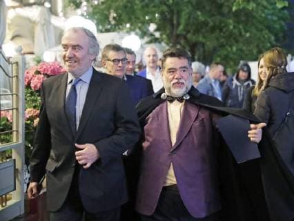 MOSCOW, RUSSIA - JUNE 13, 2018: Russian conductor Valery Gergiev (L), artistic director of the Mariinsky Theatre and Mikhail Kusnirovich, head of Bosco di Ciliegi Group of Companies, attend a party after a concert by opera stars ahead of the 2018 FIFA World Cup, at the GUM Department Store. Mikhail Metzel TASS  TS08400E