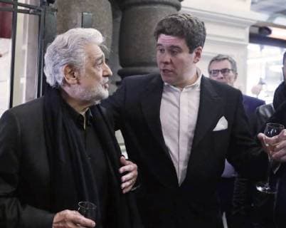 MOSCOW, RUSSIA - JUNE 13, 2018: Spanish tenor Placido Domingo (L) and Russian pianist Denis Matsuev attend a party after a concert by opera stars ahead of the 2018 FIFA World Cup, at the GUM Department Store. Mikhail Metzel TASS  TS084013