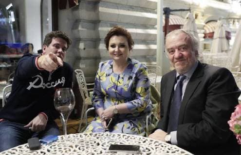 MOSCOW, RUSSIA - JUNE 13, 2018: Russian pianist Denis Matsuev, Russian soprano Albina Shagimuratova and Russian conductor Valery Gergiev (L-R), artistic director of the Mariinsky Theatre, attend a party after a concert by opera stars ahead of the 2018 FIFA World Cup, at the GUM Department Store. Mikhail Metzel TASS  TS084023
