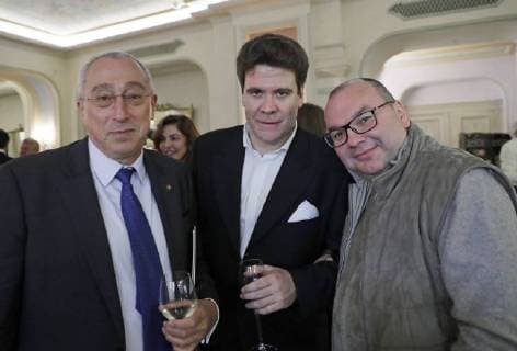 MOSCOW, RUSSIA - JUNE 13, 2018: Russian pianist Denis Matsuev (C) and TASS Russian news agency general director Sergei Mikhailov (R) attend a party after a concert by opera stars ahead of the 2018 FIFA World Cup, at the GUM Department Store. Mikhail Metzel TASS  TS08404D