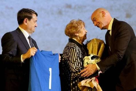 MOSCOW, RUSSIA â€“ JUNE 13, 2018: FIFA President Gianni Infantino, Yashin s widow Valentina, and Russian President Vladimir Putin s aide Igor Levitin (R-L) at the premiere of Svetlana Kharchevina s film Lev Yashin No 1 , a documentary about Soviet football goalkeeper Lev Yashin. Alexander Shcherbak TASS  TS084053