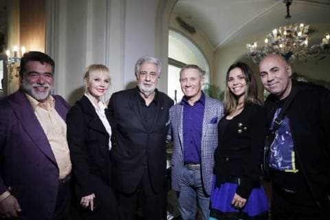 MOSCOW, RUSSIA - JUNE 13, 2018: Mikhail Kusnirovich, head of Bosco di Ciliegi Group of Companies, Russian singer Valeriya, Spanish tenor Placido Domingo, Boris Rotenberg, co-owner of SMP Bank, his wife Karina and music producer Iosif Prigozhin (L-R) attend a party after a concert by opera stars ahead of the 2018 FIFA World Cup, at the GUM Department Store. Mikhail Metzel TASS  TS084064