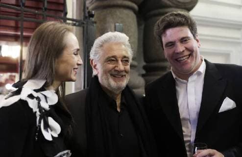MOSCOW, RUSSIA - JUNE 13, 2018: Ballet dancer Svetlana Zakharova, Spanish tenor Placido Domingo and Russian pianist Denis Matsuev (L-R) attend a party after a concert by opera stars ahead of the 2018 FIFA World Cup, at the GUM Department Store. Mikhail Metzel TASS  TS084070