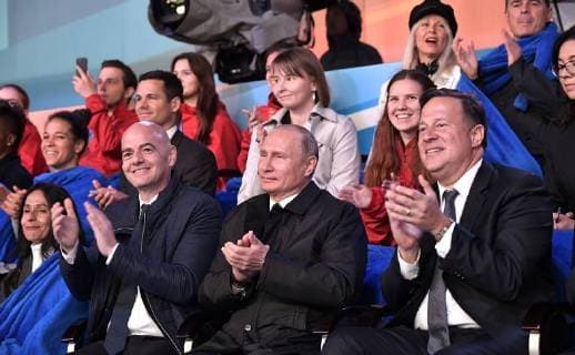 June 13, 2018. - Russia, Moscow. - Russian President Vladimir Putin, FIFA President Gianni Infantino (left) and President of Panama Juan Carlos Varela (right) during the gala concert of the world opera stars marking the 2018 FIFA World Cup. KremlinxPool 