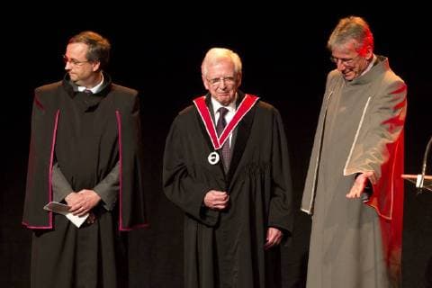 - LEUVEN, BELGIUM: German professor Harald zur Hausen (C) and Rector Alain Verschoren (R) pictured during a ceremony to award honorary degrees at the Universiteit Antwerpen university, Thursday 29 March 2012 in Antwerp. KRISTOFxVANxACCOM  x34204754x