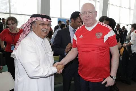 June 14, 2018 - New York, United States - United Nations, New York, USA, June 14 2018 - Saudi Arabia Ambassador Abdallah Y. al-Mouallimi along with Vassily Nebenzia, Permanent Representative of the Russian Federation to the United Nations and President of the Security Council for the month of June during a Ambassadors celebration of the opening of this years FIFA World Cup today at the UN Headquarters in New York City. New York United States  - ZUMAn230 20180614_zaa_n230_1031 Copyright: xLuizxRampelottox