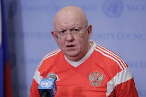 June 14, 2018 - New York, United States - United Nations, New York, USA, June 14 2018 - Vassily Nebenzia, Permanent Representative of the Russian Federation to the United Nations and President of the Security Council for the month of June, briefs press following Security Council consultations on the situation in the Middle East (Yemen). He wears a Russian football (soccer) jersey in recognition of the opening day of the 2018 FIFA World Cup, being hosted by the Russian Federation from 14 June through 15 July today at the UN Headquarters in New York City. New York United States  - ZUMAn230 20180614_zaa_n230_1033 Copyright: xLuizxRampelottox